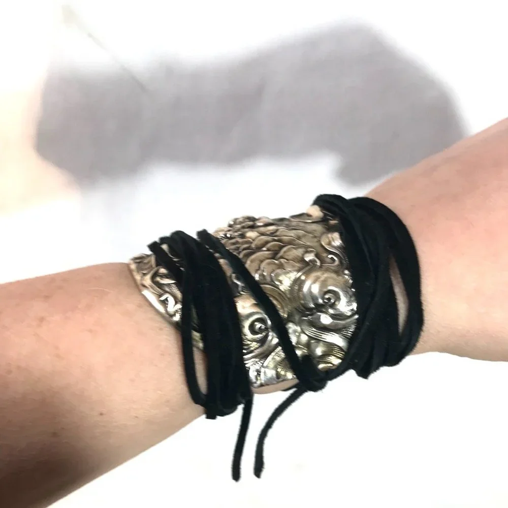 Antique Sterling Silver 925 Cuff Tie Wrap Bracelet Victorian Cherub Putti Biker - Picture 10 of 13